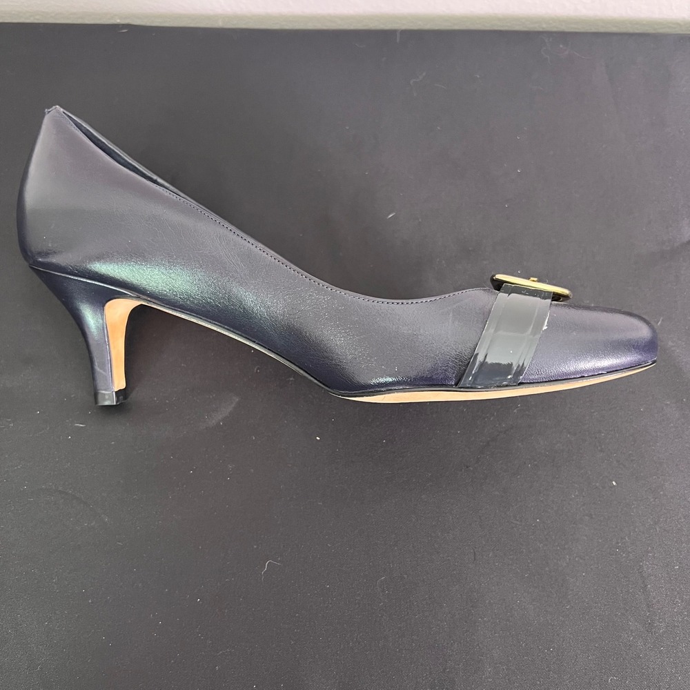 Cole Haan Nike Air Pumps 10.5 Navy Blue Leather Kitten Heel Buckle Office Luxury - Picture 4 of 10